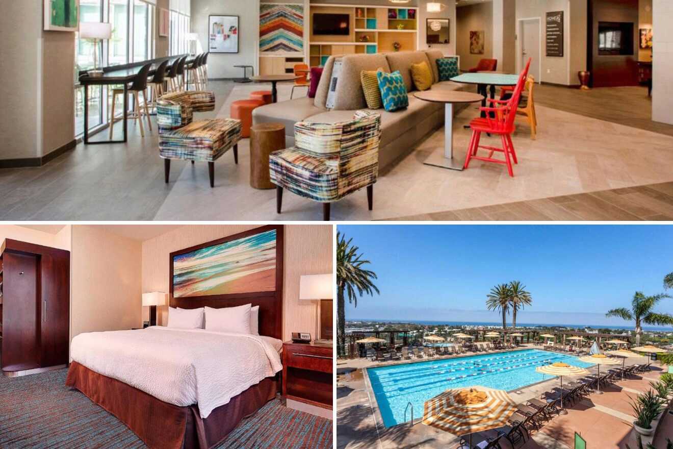 Collage of three hotel pictures: lounge area, bedroom, and outdoor pool