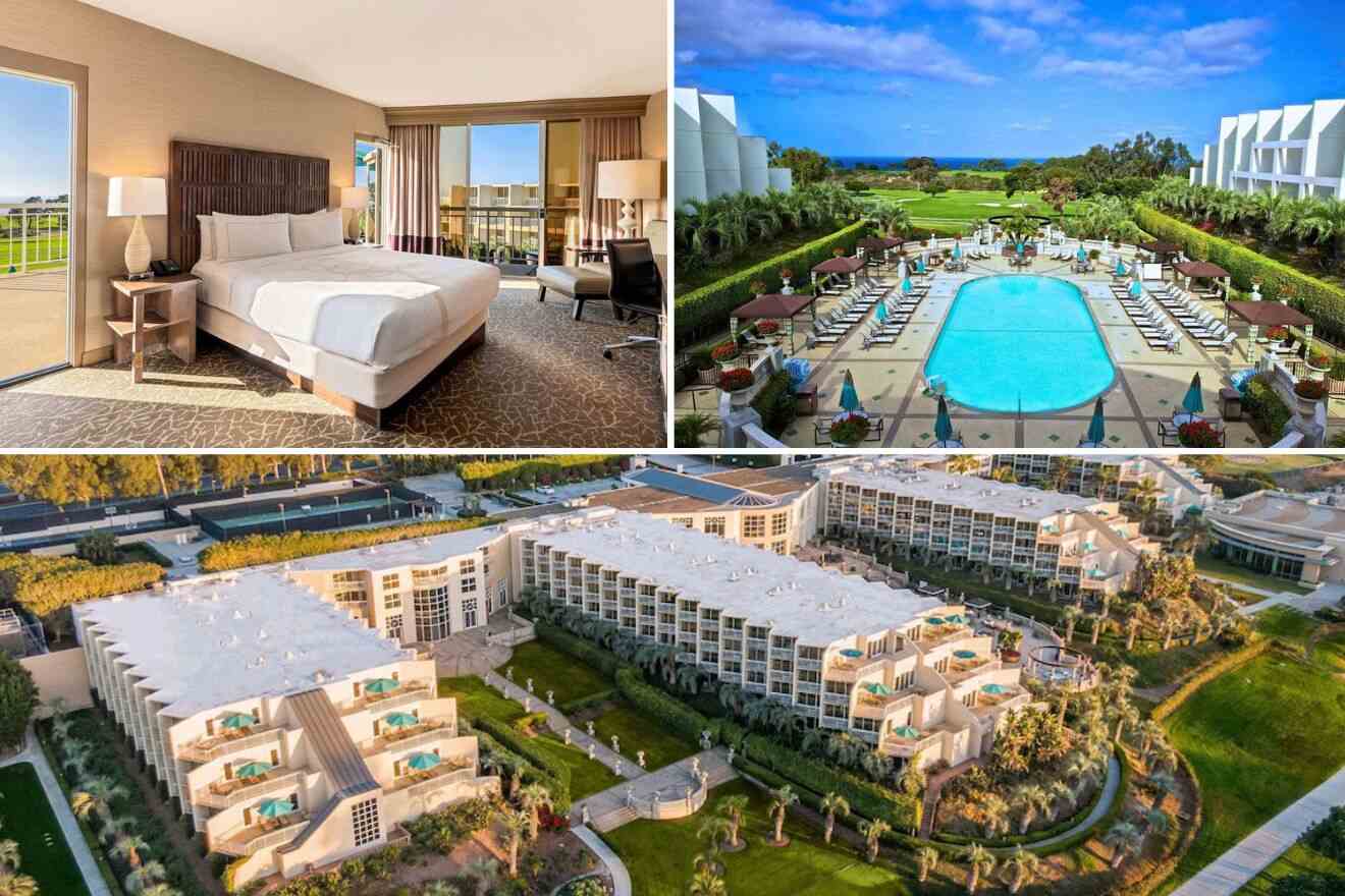 Collage of three hotel pictures: bedroom, outdoor pool, and aerial view of hotel