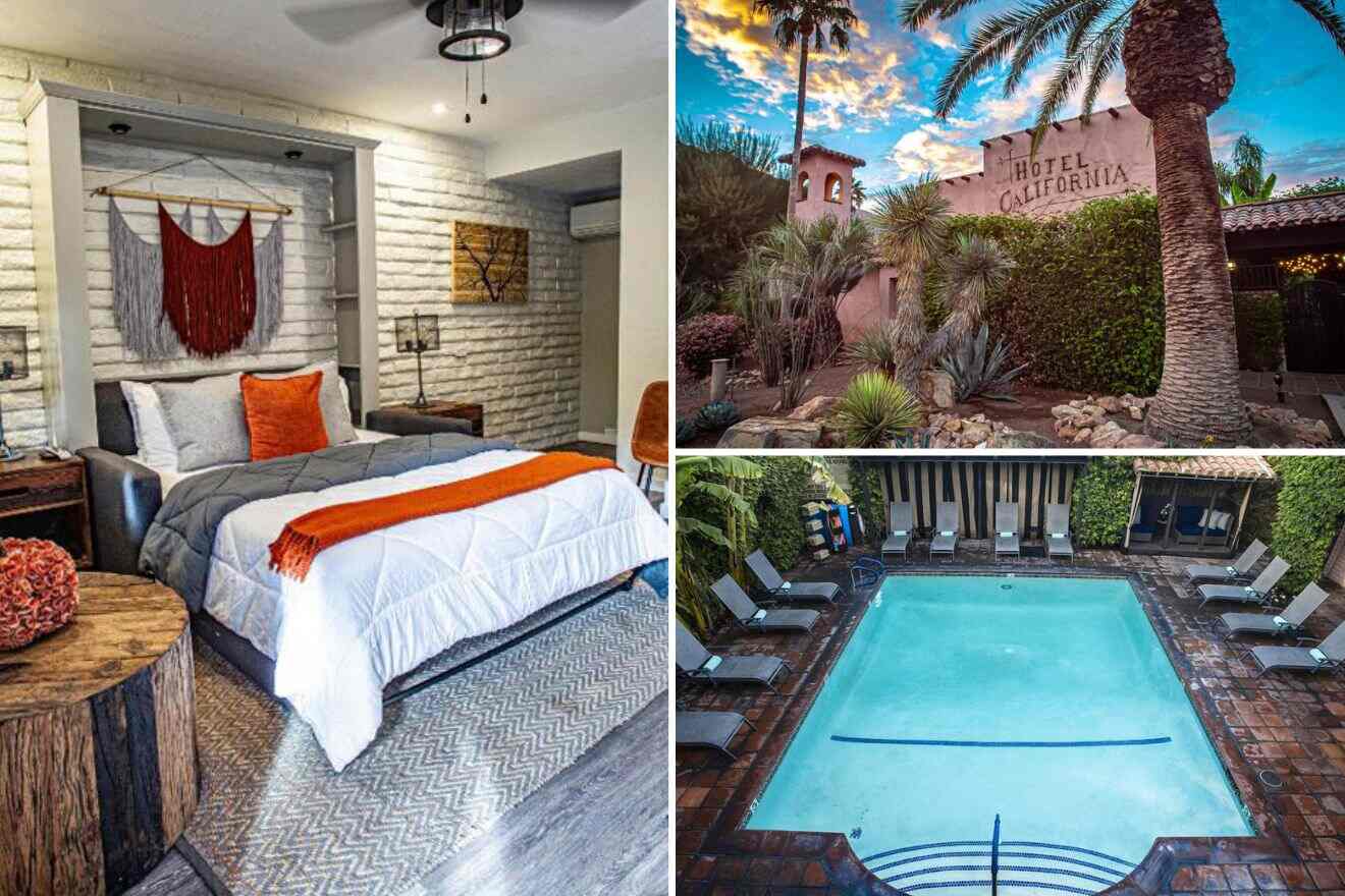 Collage of three hotel pictures: bedroom, hotel exterior, and outdoor pool