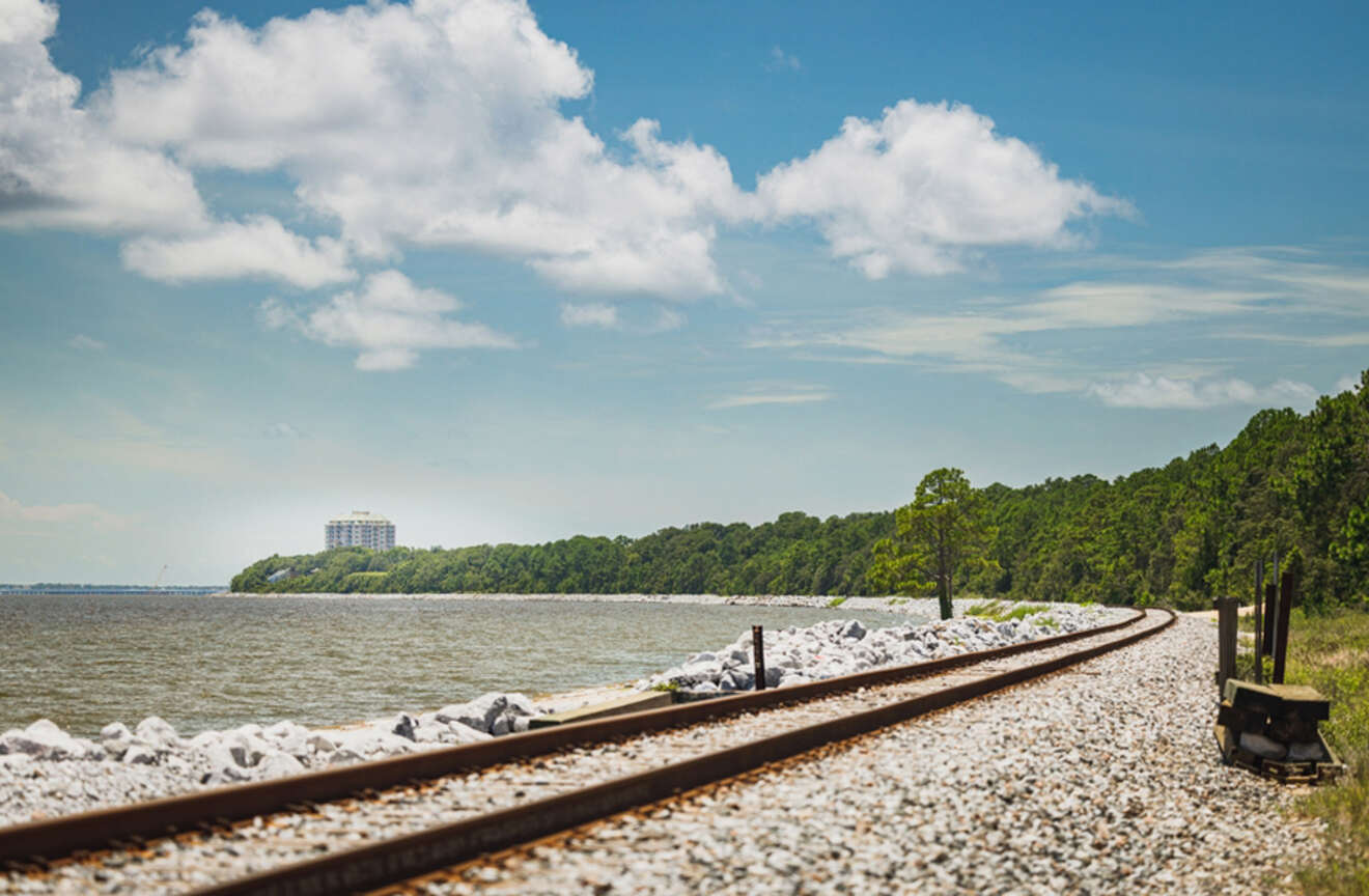 Train tracks running along the beachline