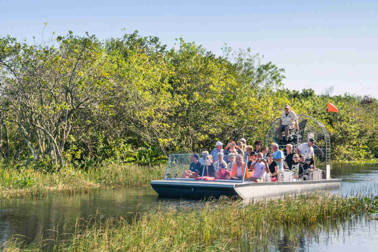 People riding on an airboat in the Everglades