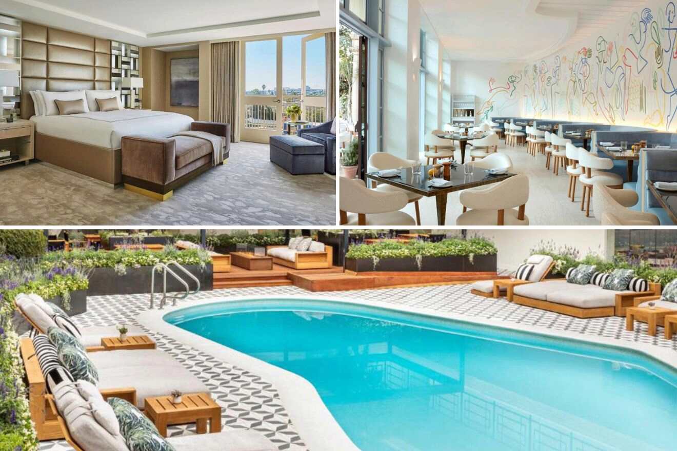 collage with swimming pool, bedroom, restaurant