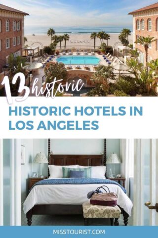 A collage of two photos: aerial view of pool, and hotel bedroom