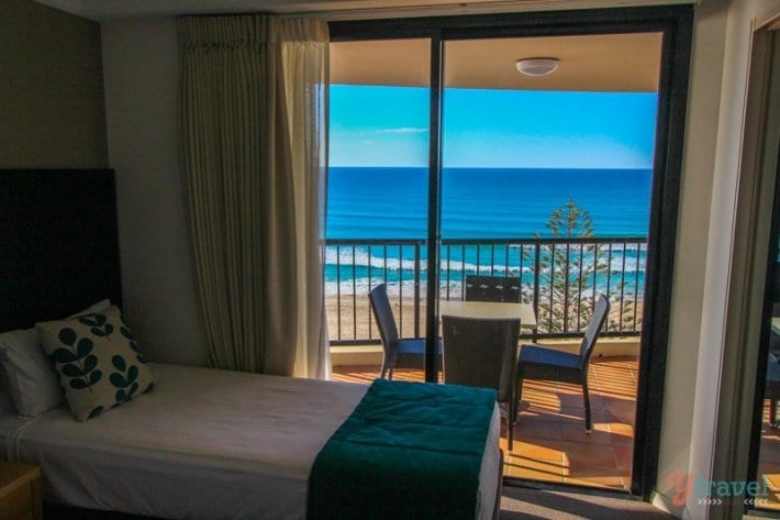 hotel bedroom with a balcony