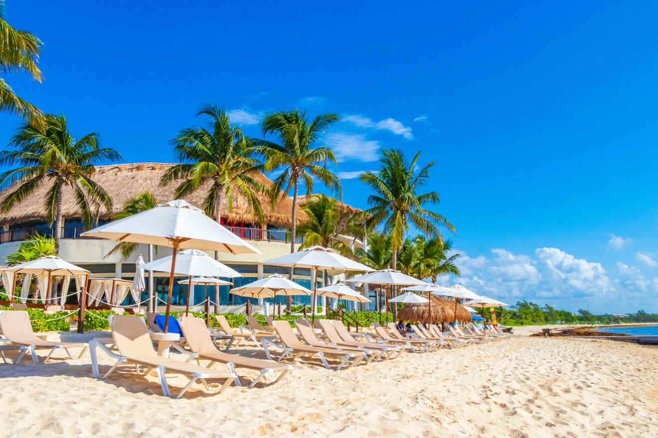 Lounge chairs and umbrellas on a sandy beach