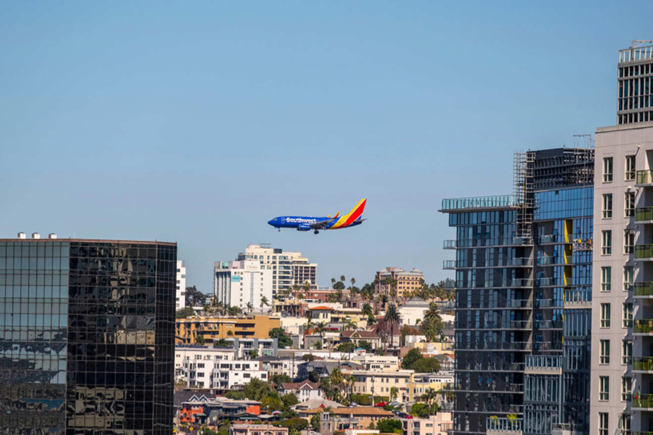 An airplane flying over San Diego