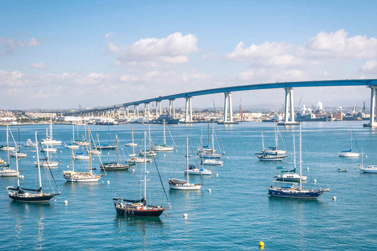 San Diego waterfront with sailing Boats - Industrial harbor and Coronado Bridge