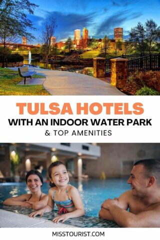 Tulsa landscape at night and family in the pool