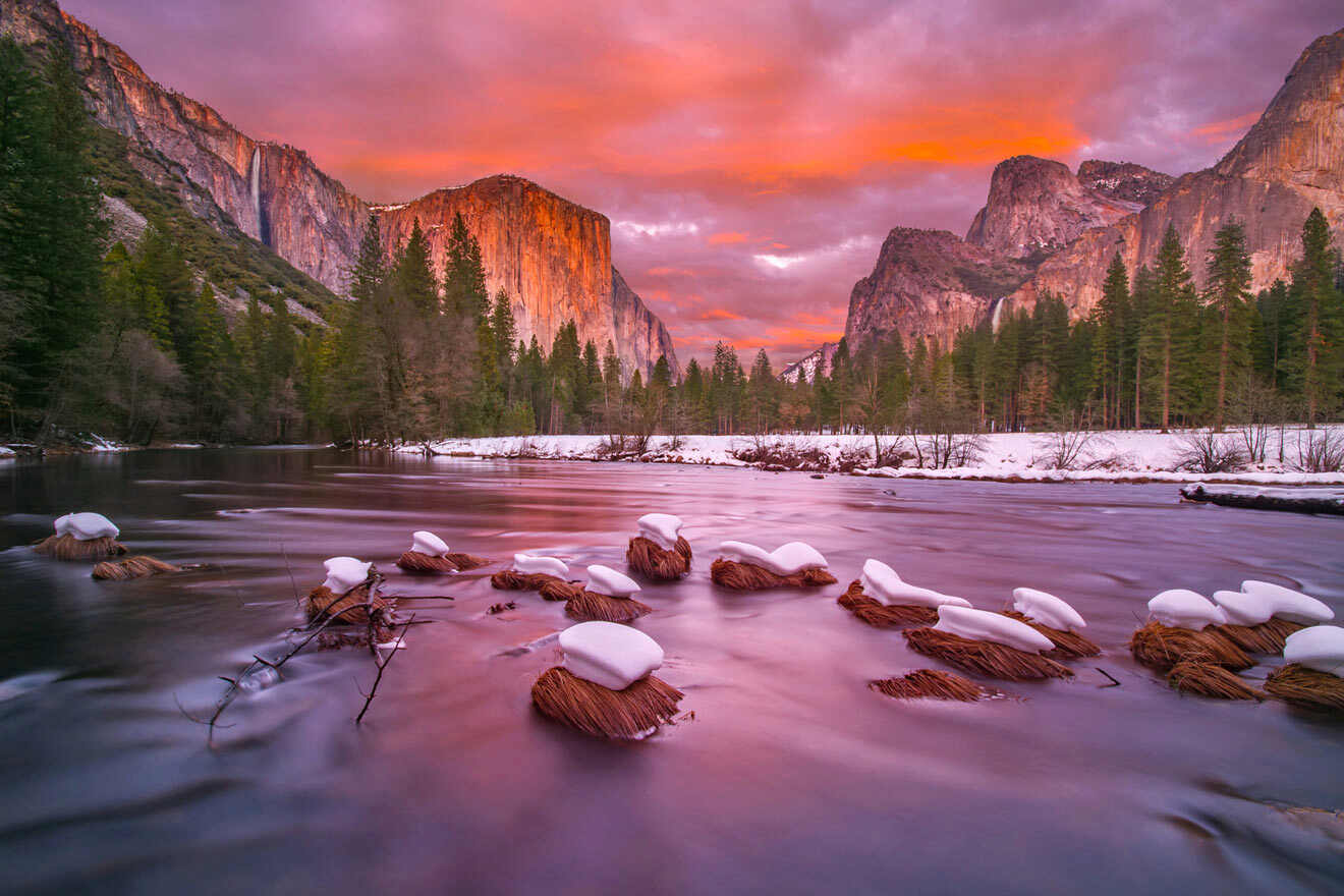 Yosemite National Park at dusk with snow caps