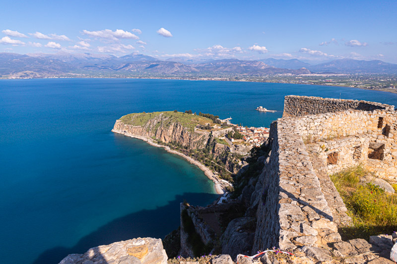 view of aegean sea, nafplio town and palamdi fortress