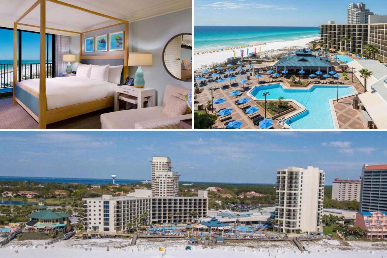 Collage of three hotel pictures: bedroom, aerial view of pool, an distant view of hotel exterior