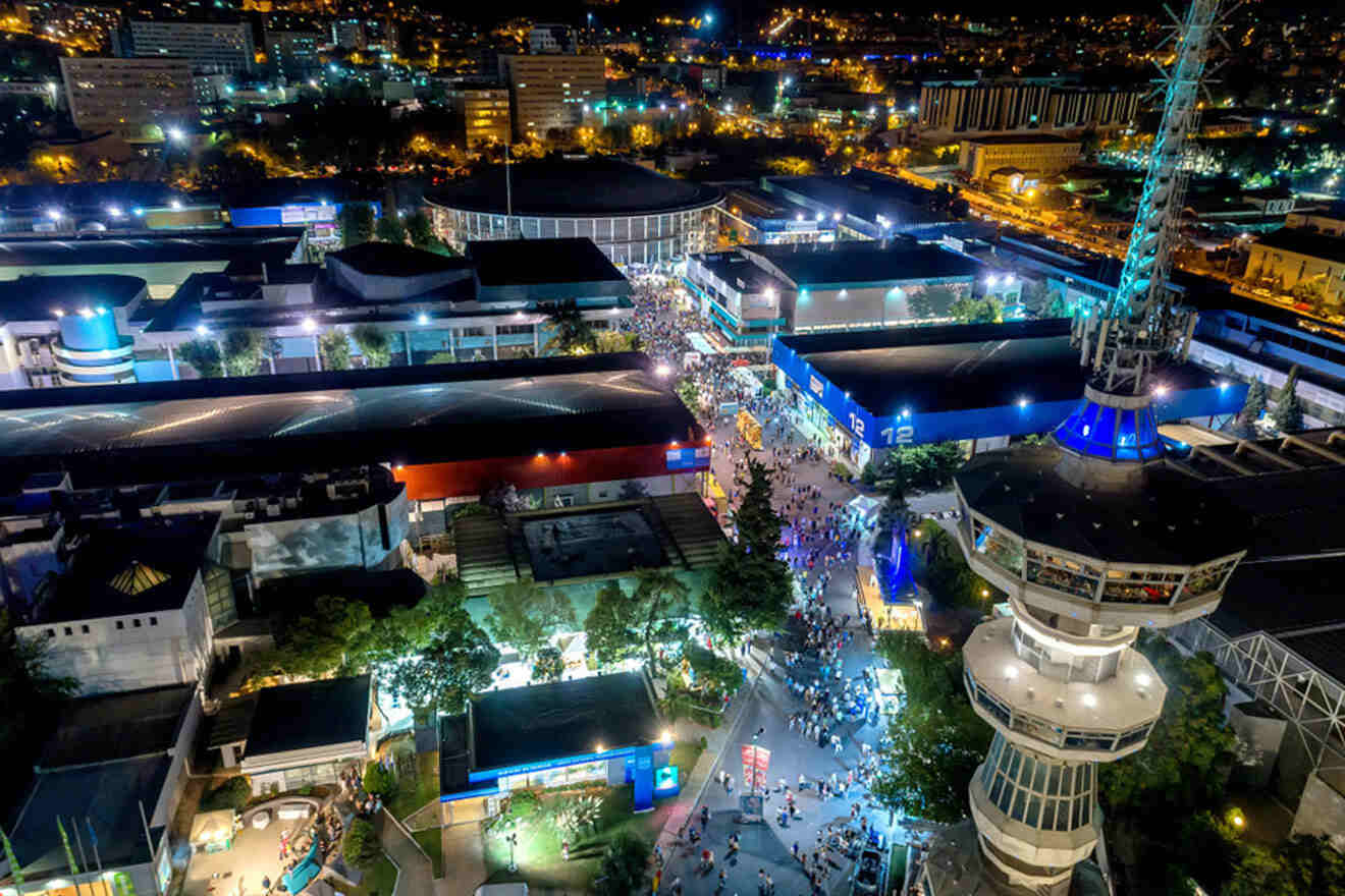 an aerial view of a city at night