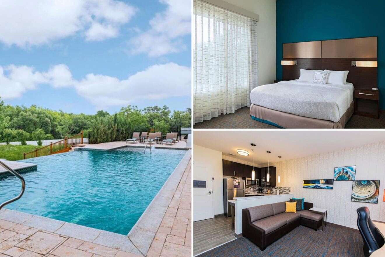 collage with swimming pool, bedroom and lounge