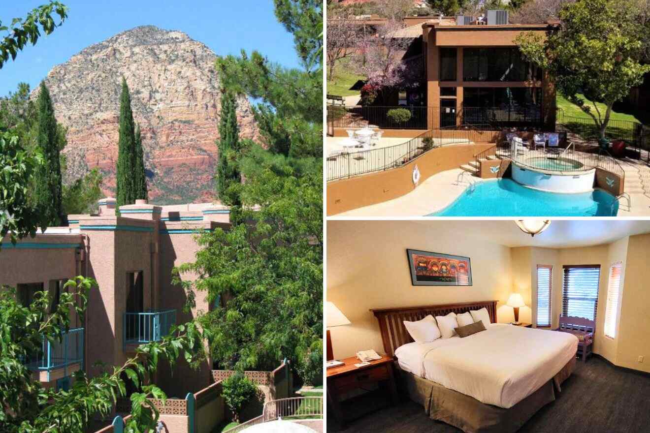 a collage with a hotel's building view, a bedroom, and a pool