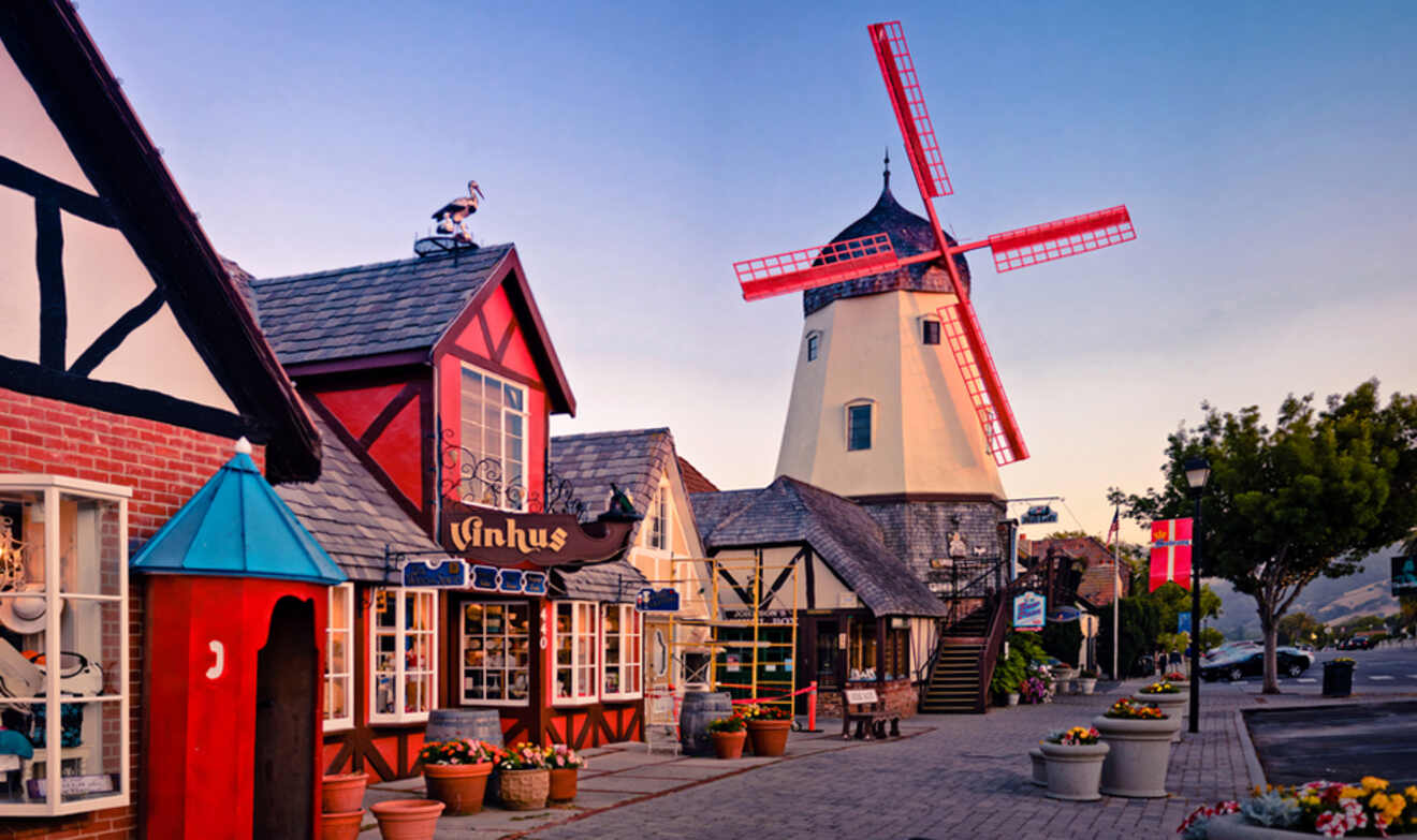 View of restaurants and a windmill in Solvang