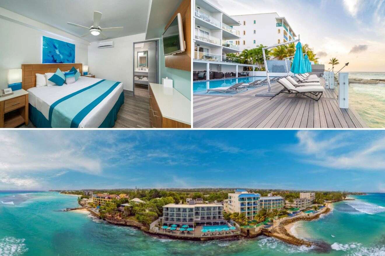 Collage of three hotel pictures: bedroom, outdoor pool and lounge chairs, and aerial view of hotel