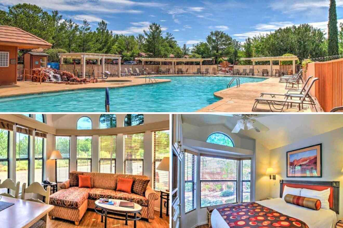 collage of a hotel room, a pool and a living room