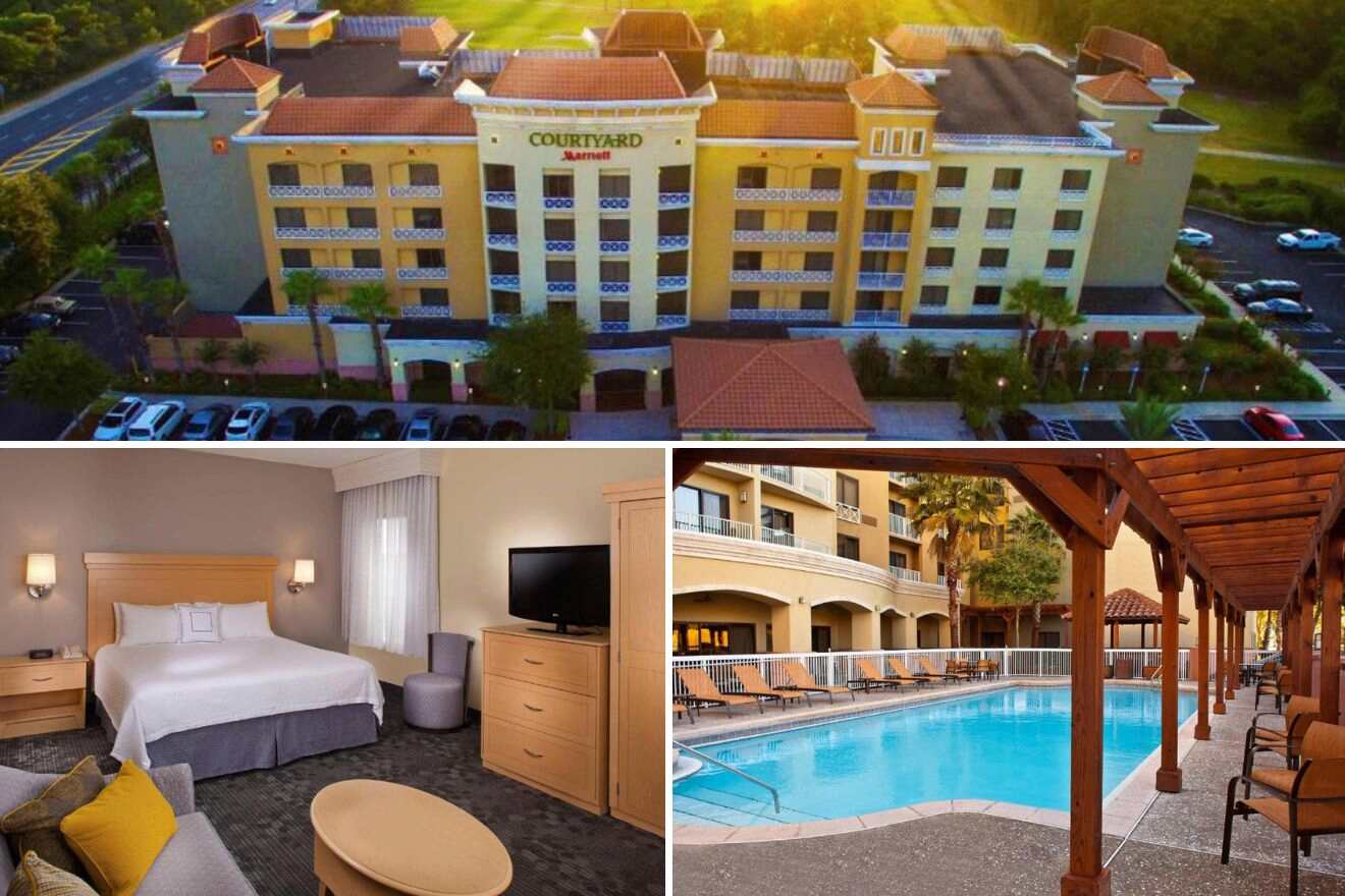 Collage of three hotel pictures: bedroom, outdoor pool, and hotel exterior