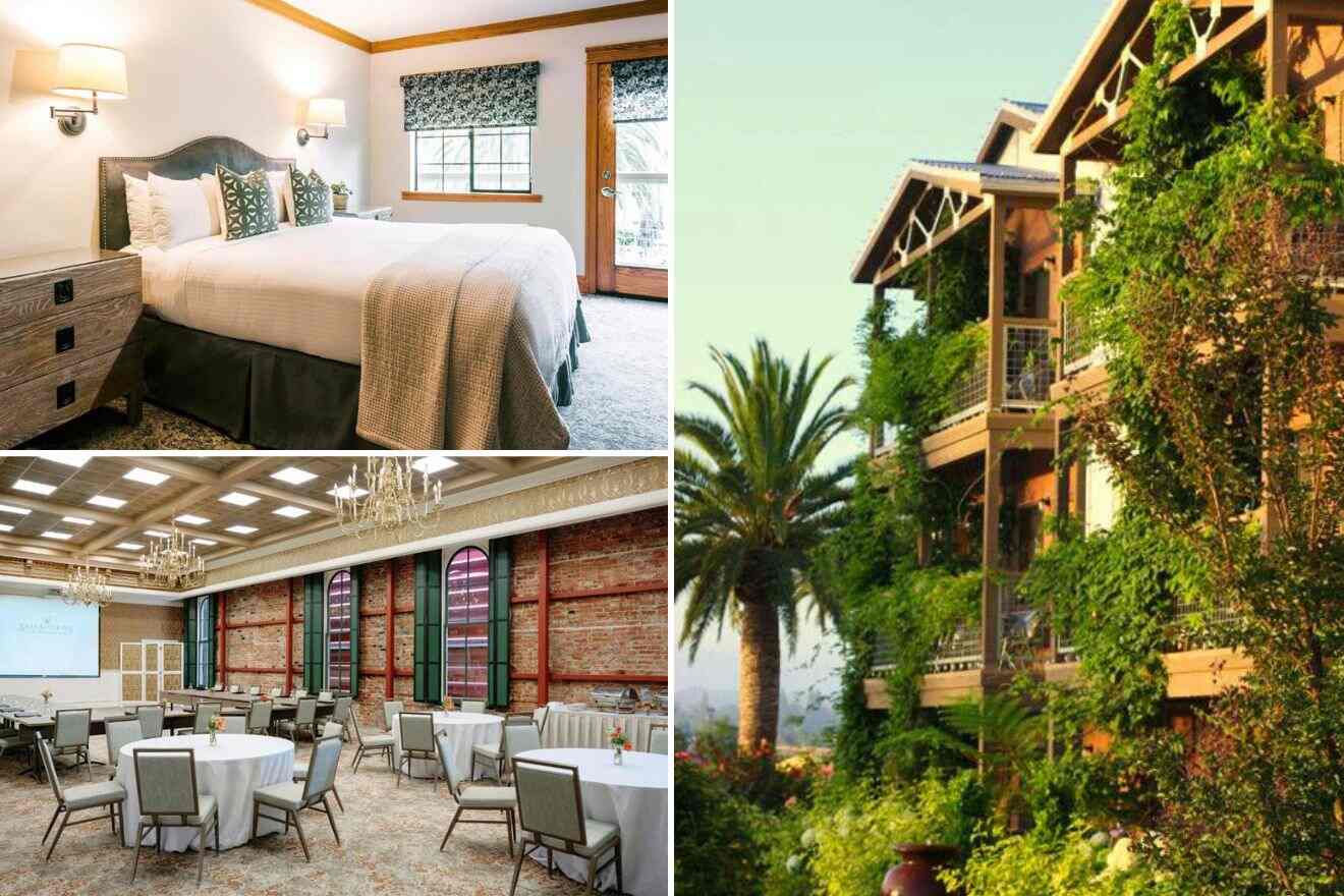 collage of a hotel with a view over the building, bedroom and dining room