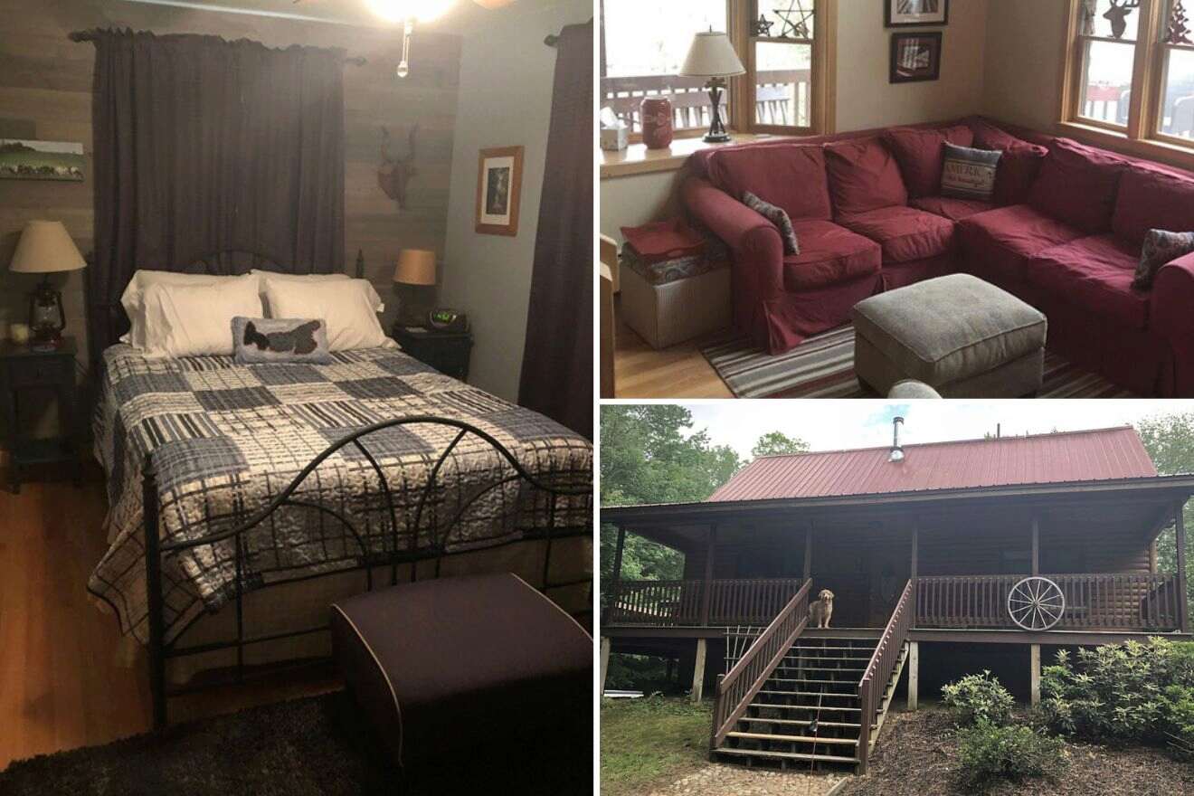 A collage of three cabin photos: bedroom, living room, and cabin exterior