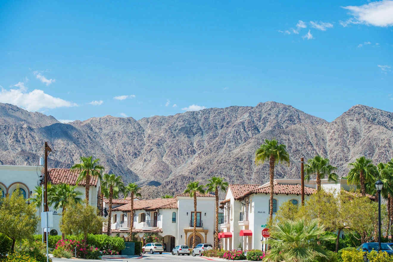 a street with palm trees and mountains in the background