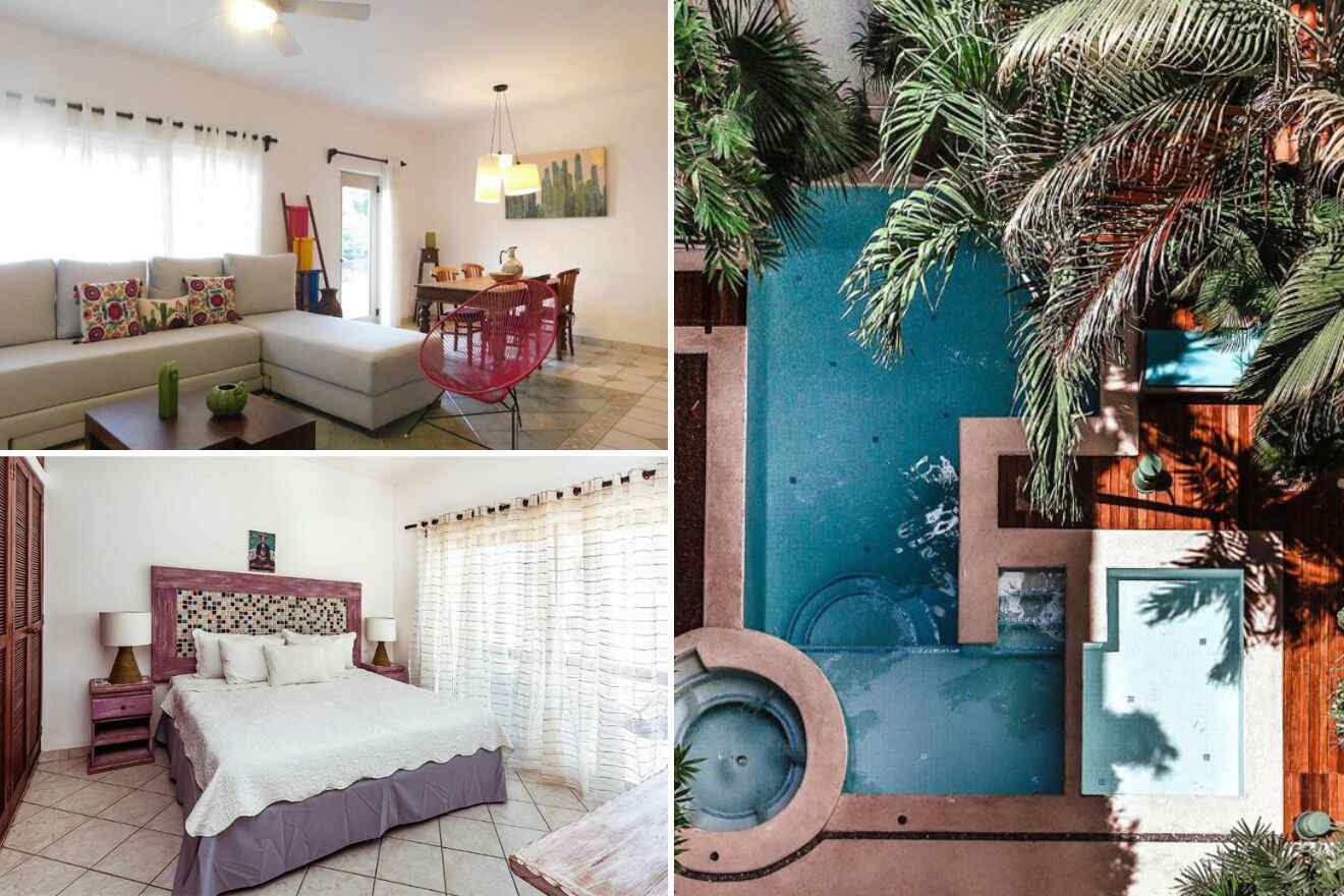 a collage of photos of a living room, a pool and bedroom