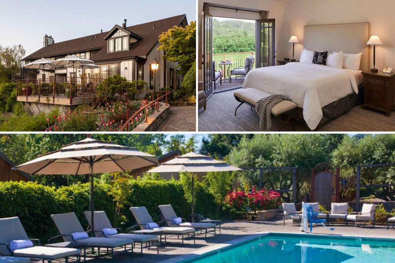 collage of a hotel with a view over the building, bedroom and a pool