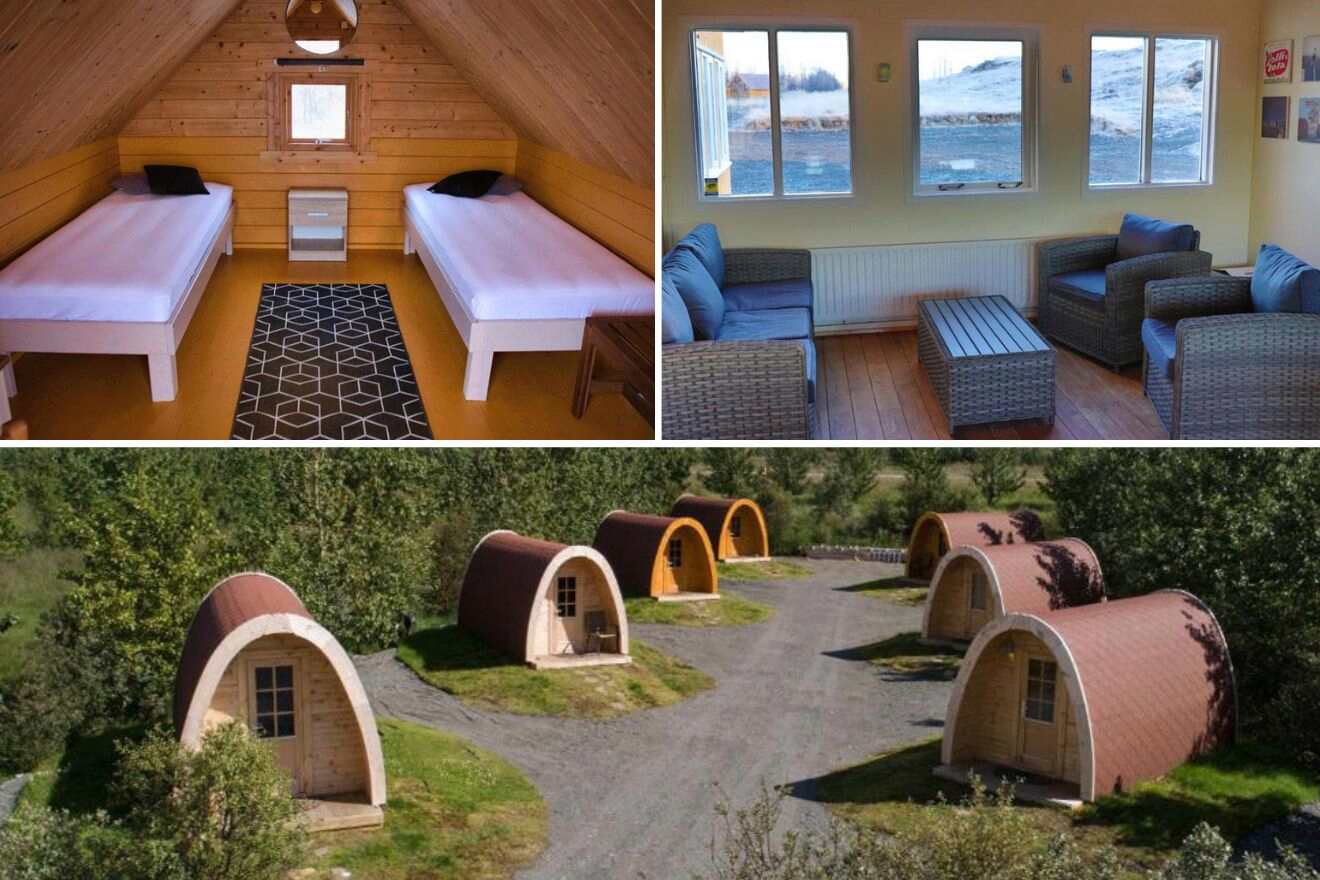 collage with camping pods, sleeping area and lounge