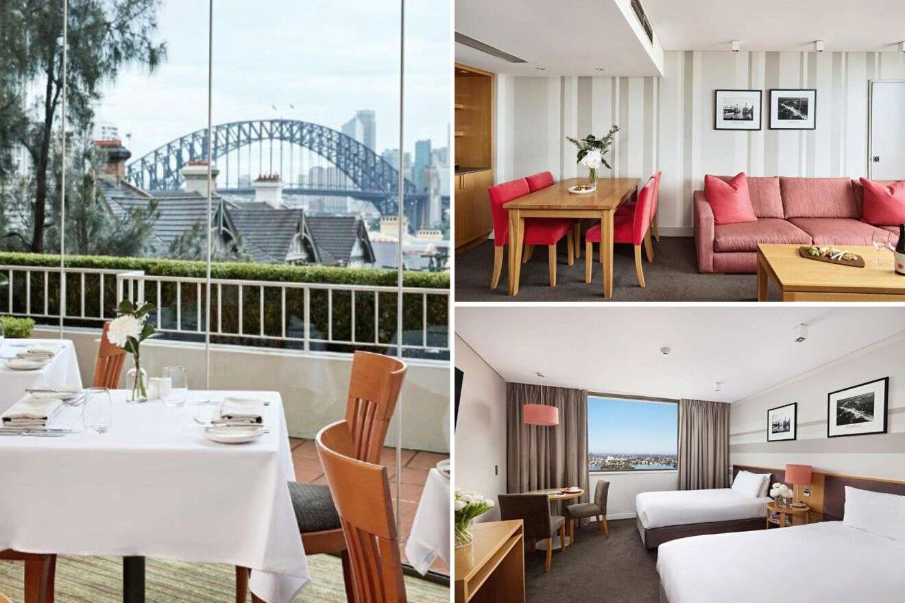 collage with dining space with view over the harbour, bedroom and lounge