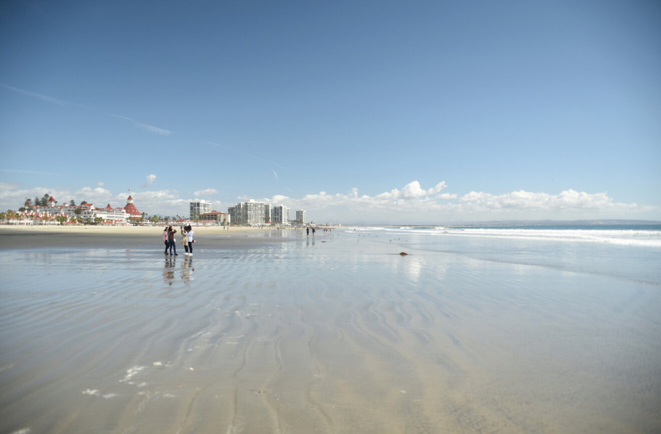 a group of people standing on big sandy beach