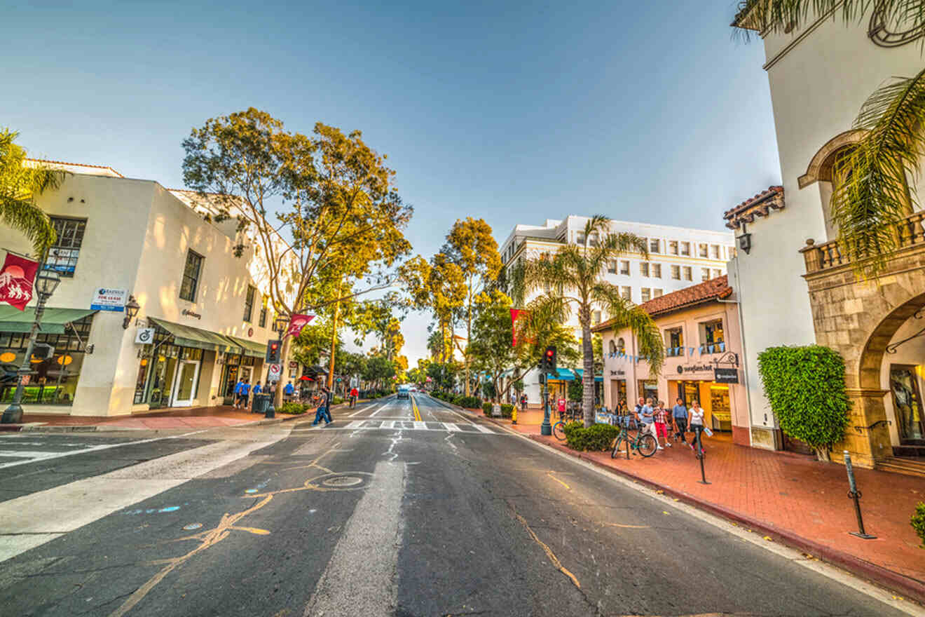 a city street lined with tall buildings and palm trees