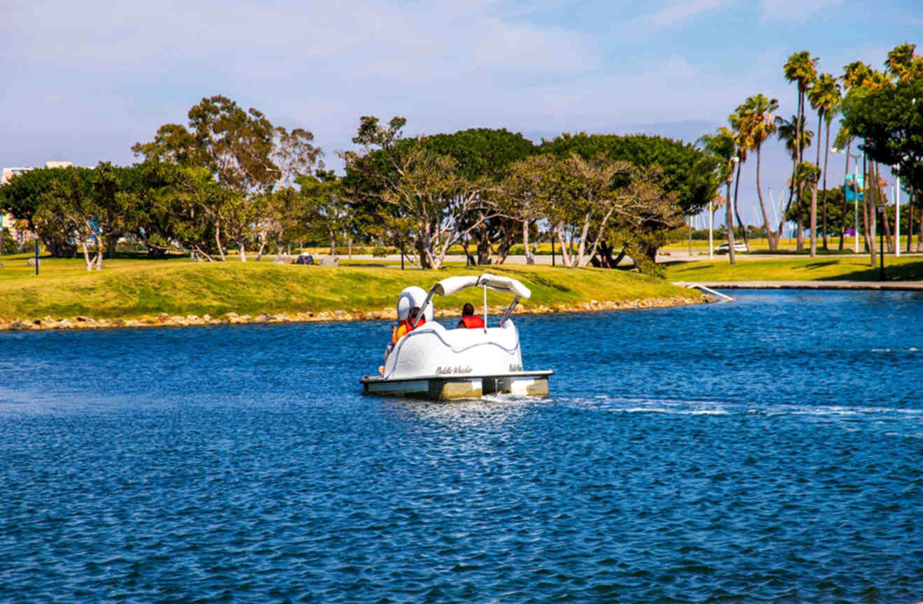 People riding a swan boat near Rainbow Lagoon