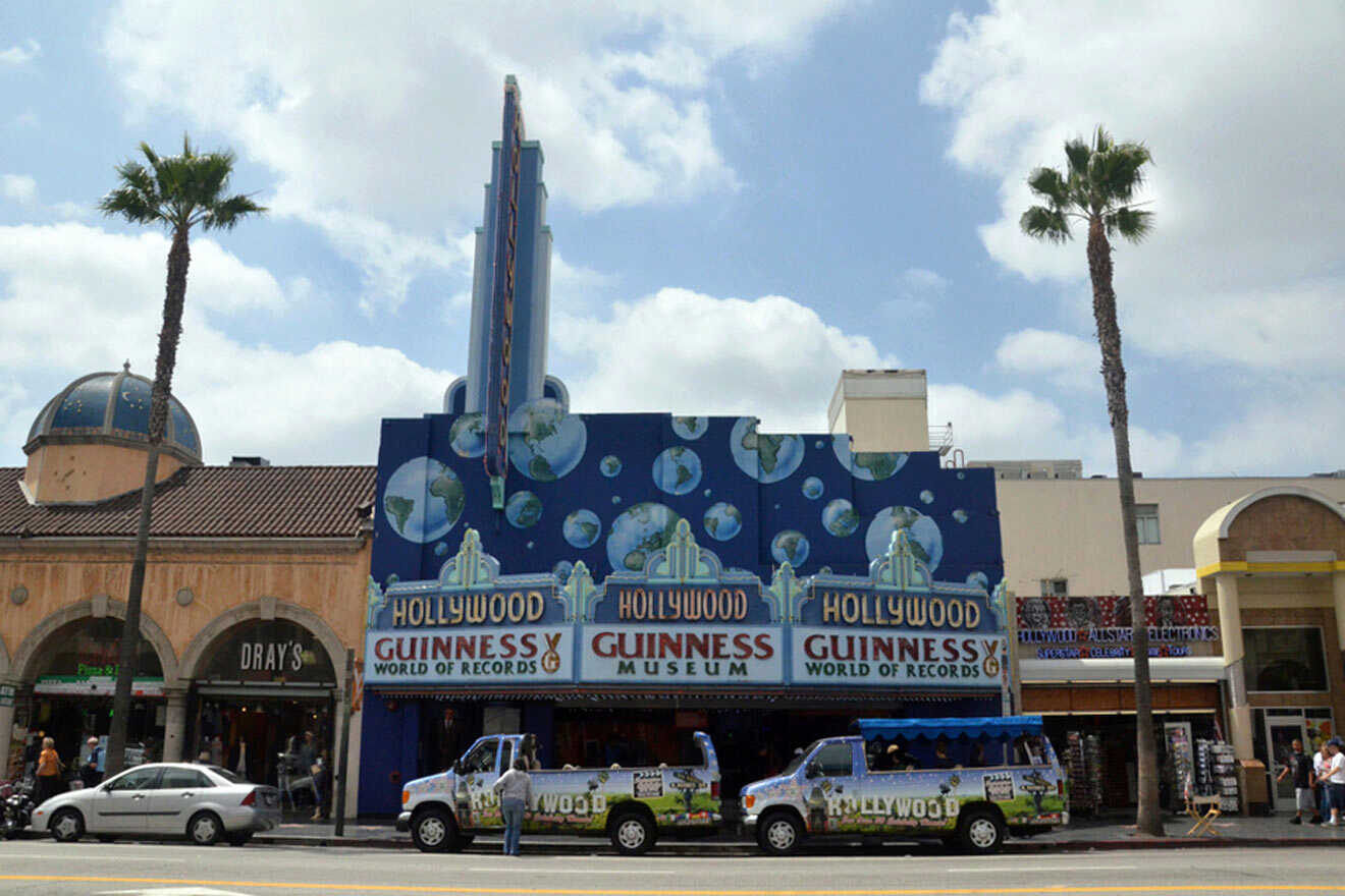 Hollywood Guiness World of Records building and parked vans in front of it.