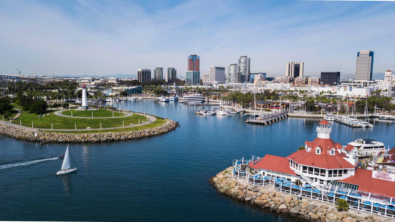 Aerial a view of a harbor with boats and a city in the backgroundview of Long Beach