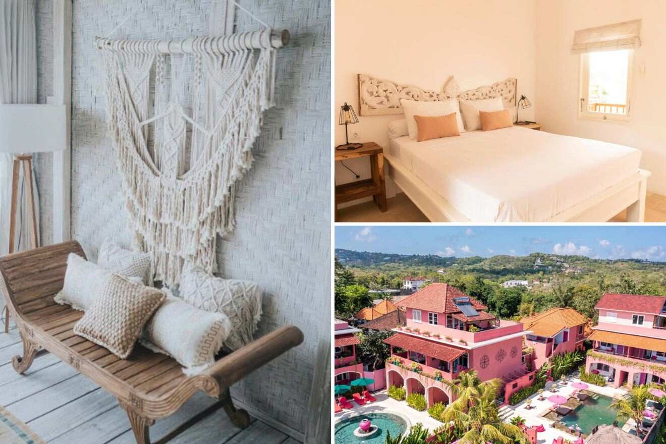 Collage of three hotel pictures: seating bench, bedroom, and aerial view of hotel