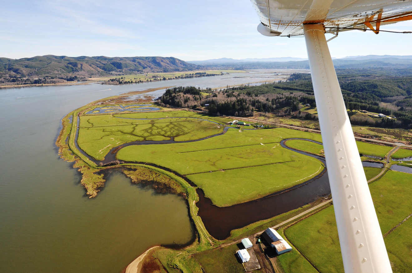 an aerial view of rivers and fields