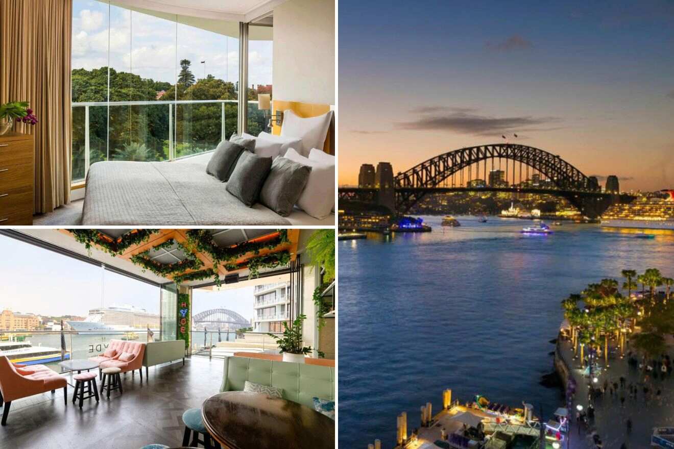 collage with harbor view at night, bedroom and restaurant