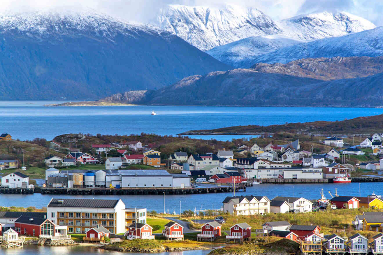 a view of a town with mountains in the background