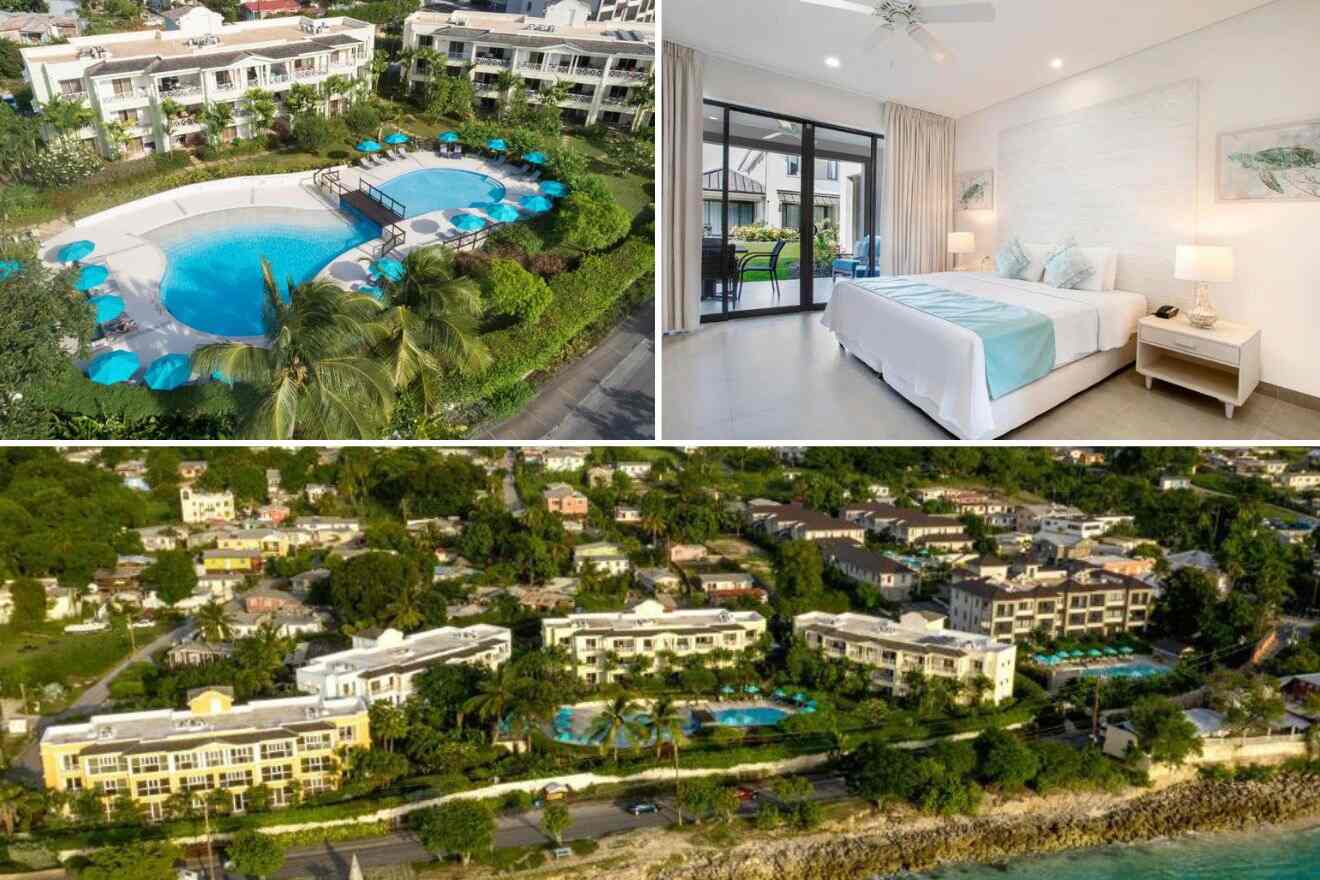 Collage of three hotel pictures: outdoor pool, bedroom, and aerial view of hotel