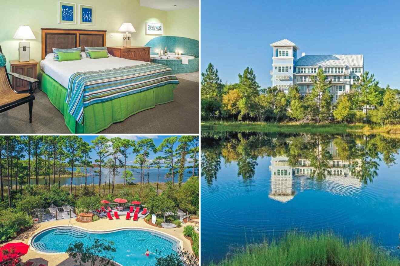 Collage of three hotel pictures: bedroom, outdoor pool, and hotel exterior with view of water