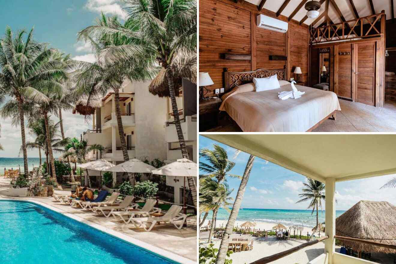 a collage of photos of a resort with a pool, bedroom, and sea view