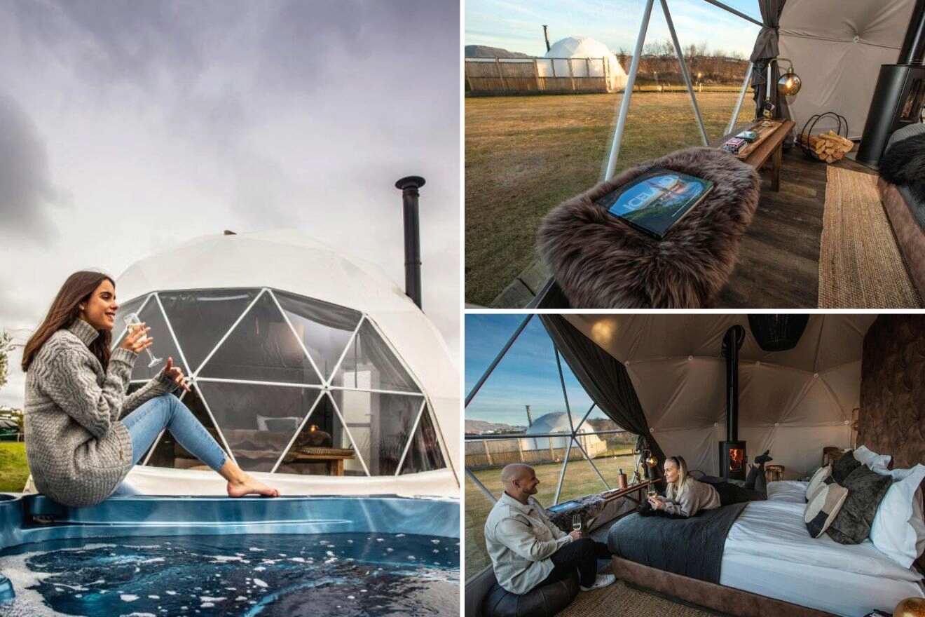 collage with bedroom, view from the dome, and woman seated next to an outdoor pool