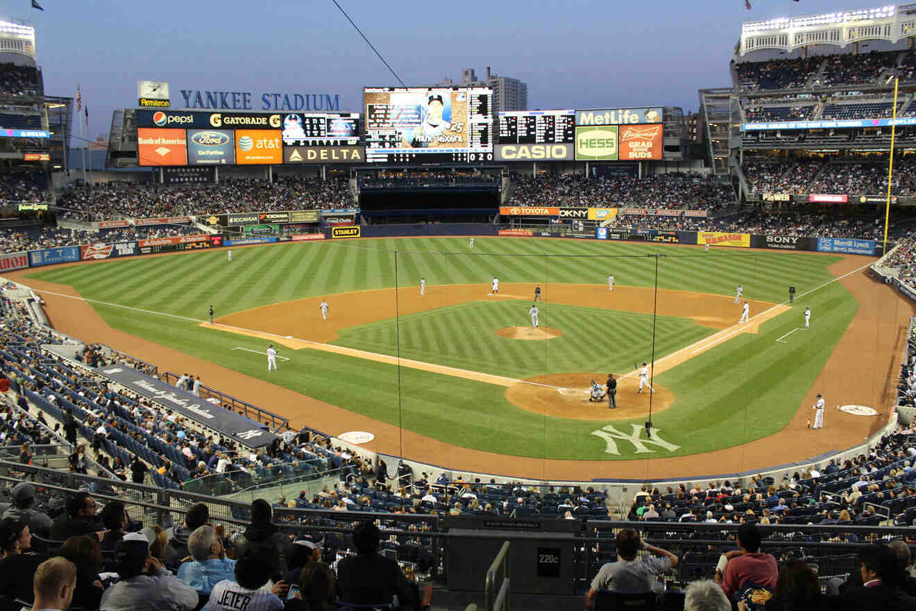 aerial view over the yankee stadium during a baseball match