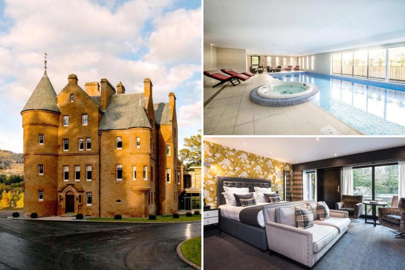 Collage of three hotel pictures: view of hotel exterior, indoor pool and jacuzzi, and bedroom