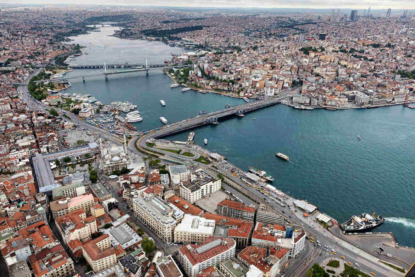 an aerial view of a city and a river