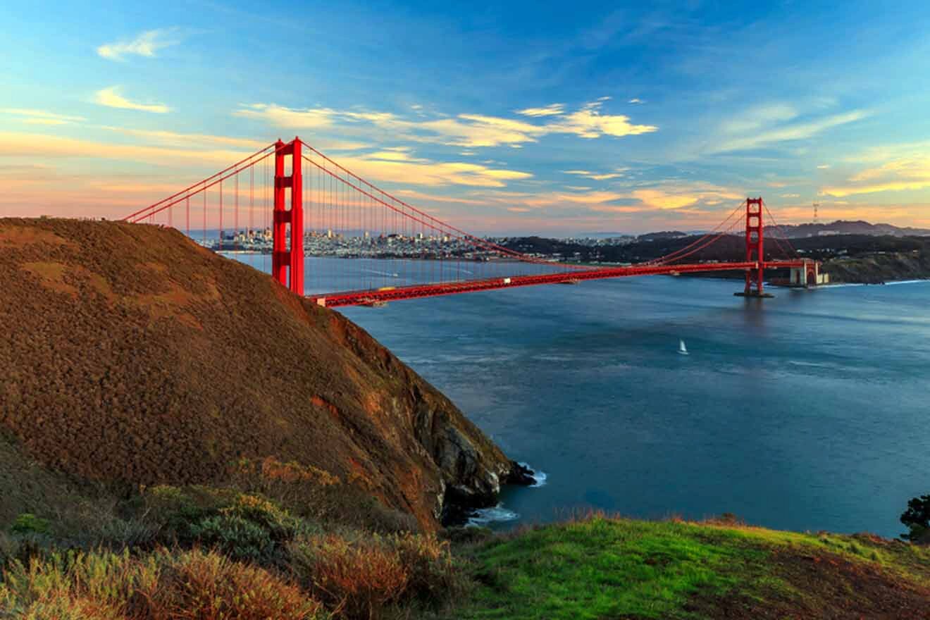 a view of the golden gate bridge at sunset