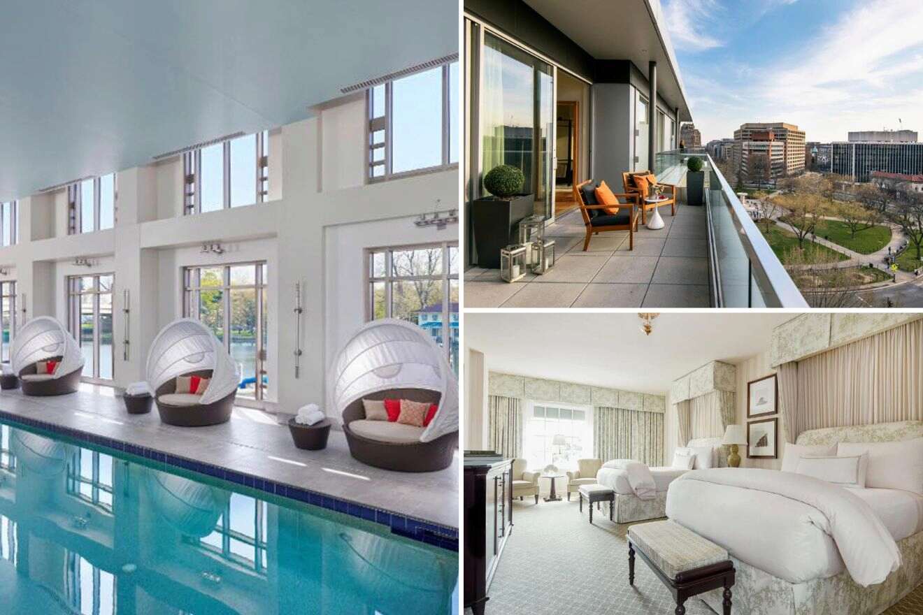 collage with bedroom, swimming pool and terrace balcony overlooking a park