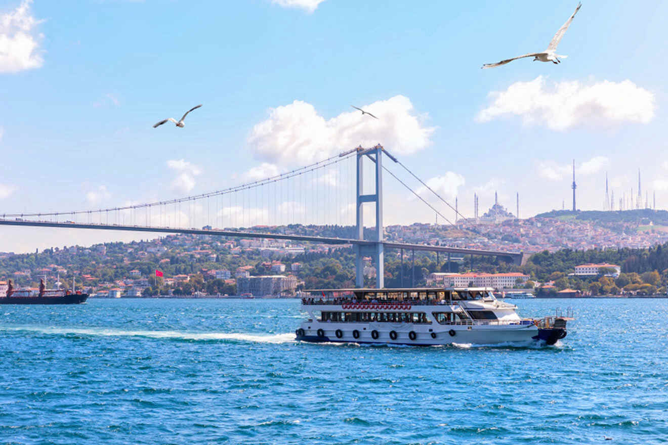 a large boat traveling across a large body of water and a bridge in the background