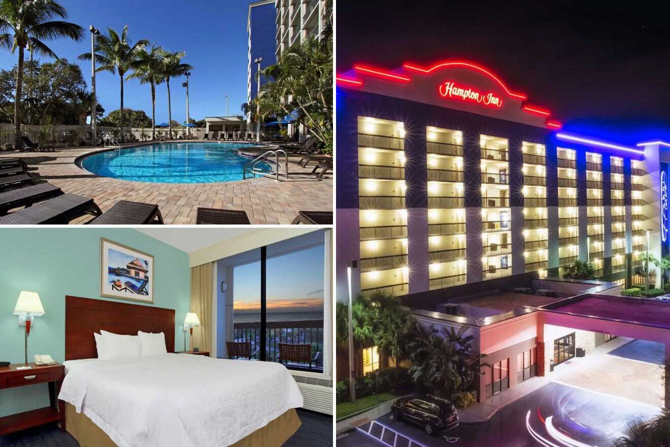 collage of a hotel with a pool, bedroom and hotel's building at night