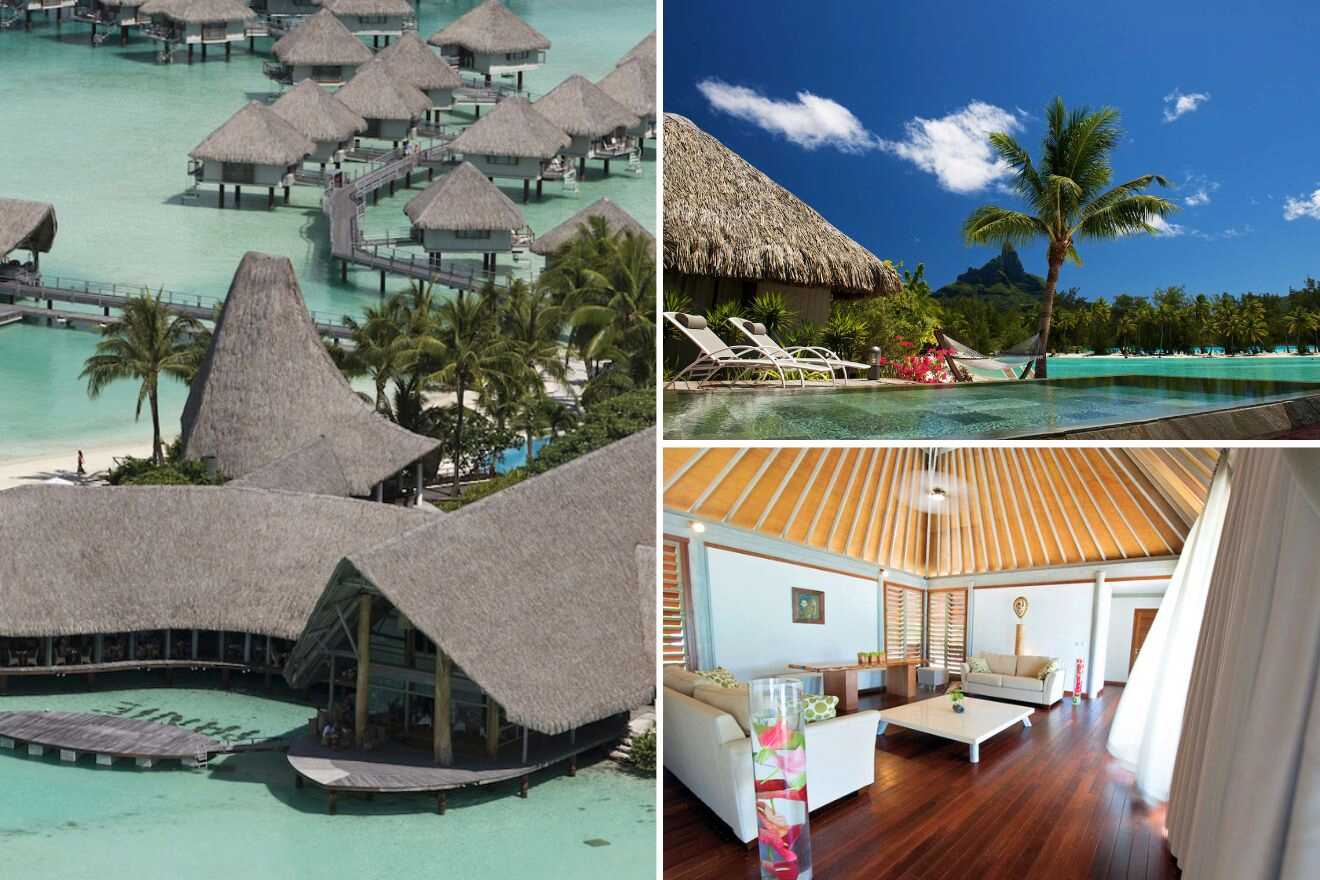 A captivating collage featuring an aerial view of Le Meridien Bora Bora resort, showcasing its exquisite lounge and swimming pool area. The image captures the stunning tropical landscape, with the resort's bungalows, lush greenery, and crystal-clear turquoise waters creating a picturesque setting for a luxurious and relaxing getaway.